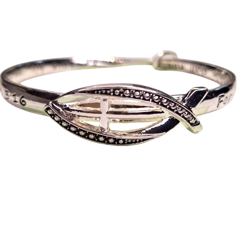 John 3:16 Inspirational Silver Tone Bangle Bracelet with Black Accents NWT - Picture 4 of 7